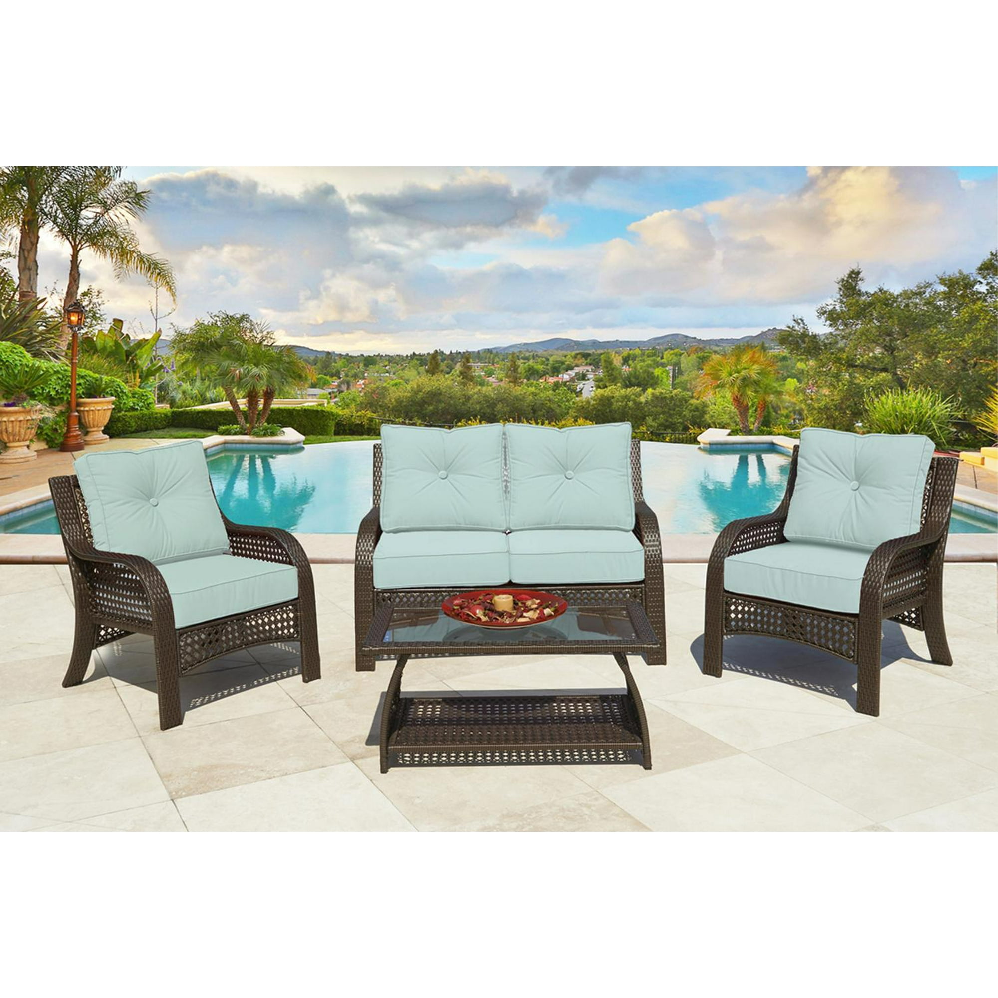 4 Piece Chelsea Cappuccino Resin Wicker Patio Loveseat Chairs 4 Piece Chelsea Cappuccino Resin Wicker Patio Loveseat Chairs Table Furniture Set Kate Sky Cushions Canada