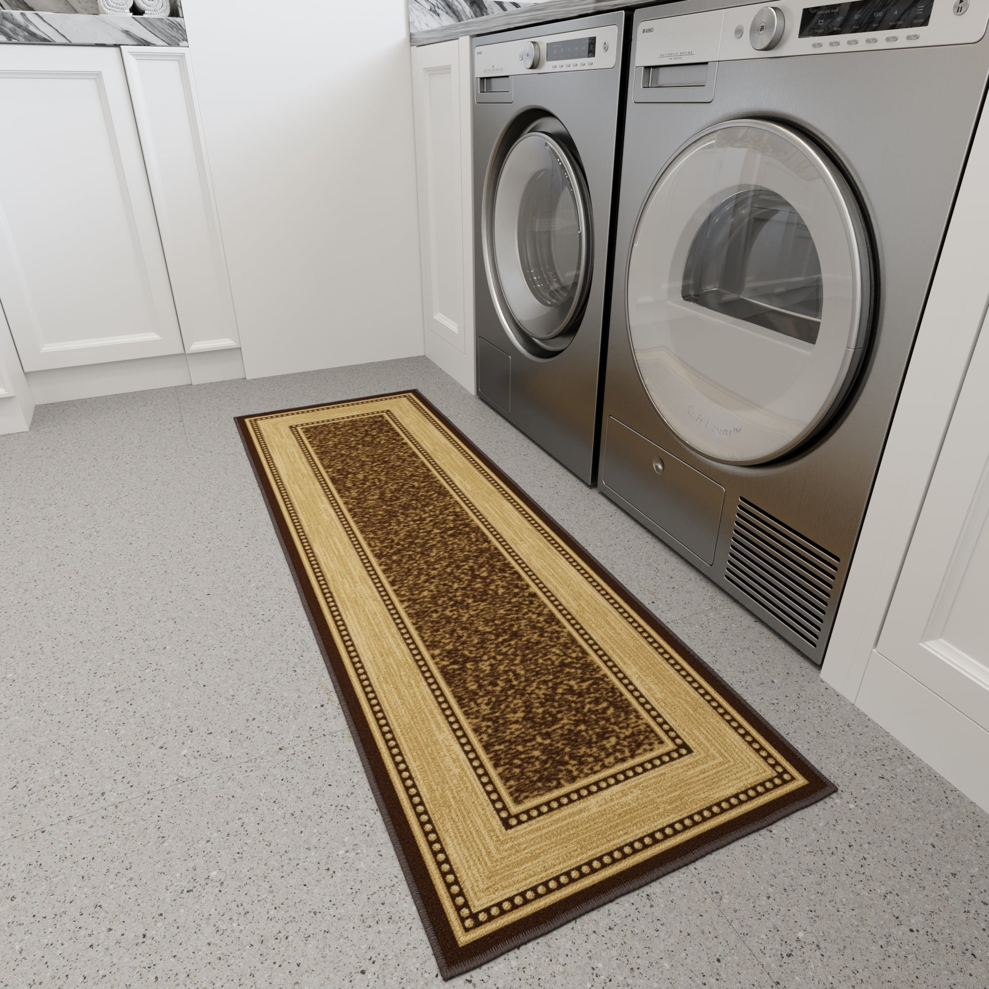 Ottomanson Border Bathroom Runner Rug 20" x 53" - Non Slip Low Pile Carpet, Brown