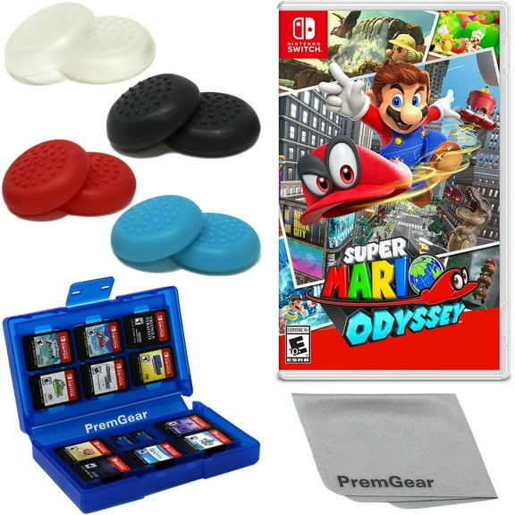 Super Mario Odyssey for Nintendo Switch (US Version), with PremGear Thumb Grips (8 pack - 2 Black, 2 Blue, 2 Red & 2 Clear), 24 Slot Game Card Holder & Cleaning Cloth