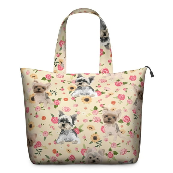 Yorkie Dog and Flower Florals Travel Tote Bags for Women Carry On,Large Weekender Bags for Women Travel,Multi Functional Duffle Bag for Work,Shopping,Sports