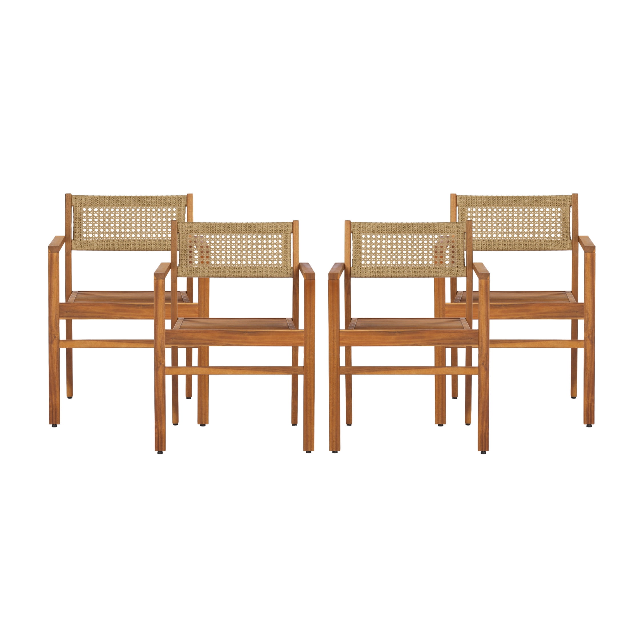 Christopher Knight Home Outdoor Patio Acacia Wood Dining Chair with Wicker Backrest, Teak, Set of 4