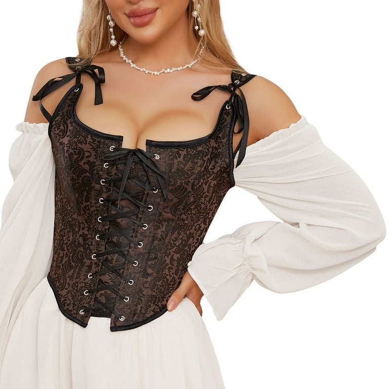 Odeerbi Renaissance Medieval Corset Tops for Women 2024 Vintage Corset Sexy  Prints Retro Style Strappy Backless Bra Tight Waist Shapewear Brown