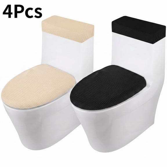 4 Pcs Elegant Toilet Lid & Tank Lid Cover Set, Black Beige Toilet Covers for Modern Bathroom Home Decor