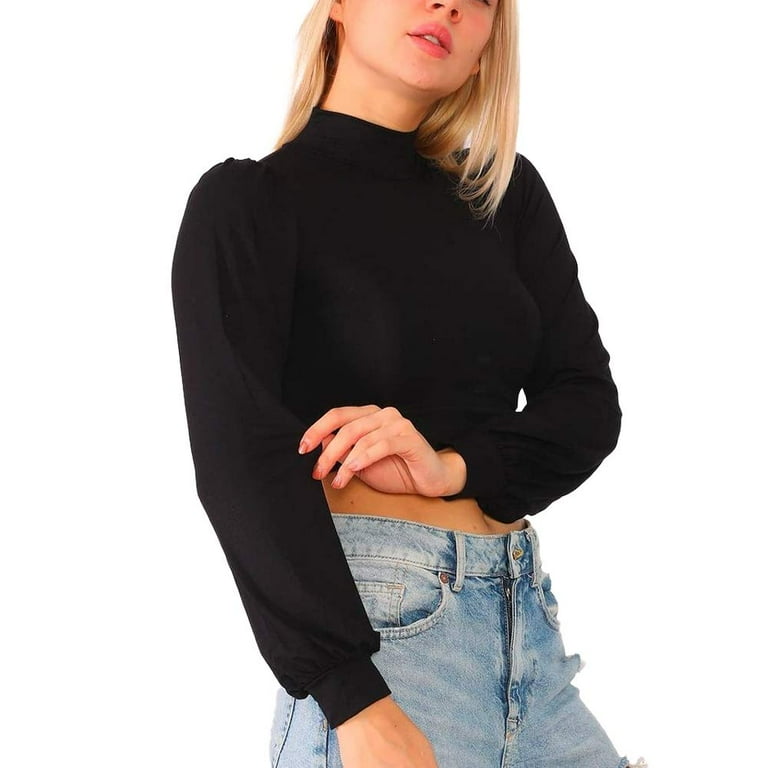 U-Wear Women’s Puff Sleeve Mock-Turtleneck Crop Top