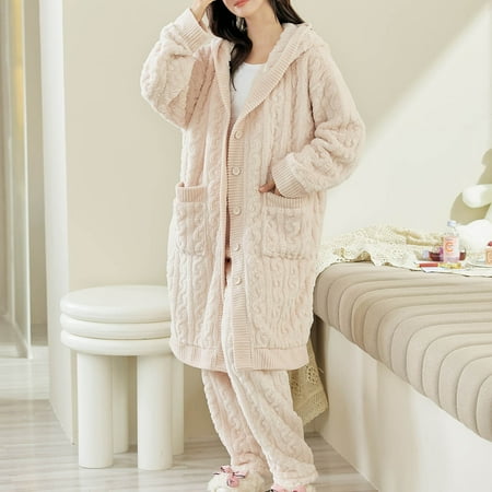 

Zedker Womens Robes Long Womens Robes Long Ladies Coral Flannel Warm Pajamas Set Long Style Cardigan Pocket Hooded Homewear Clearance