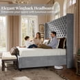 thumbnail image 4 of Amerlife King Size Bed Frame with 65" Tall Headboard, Upholstered Wingback Platform Design, Solid Wood Legs, Ash White, 4 of 9