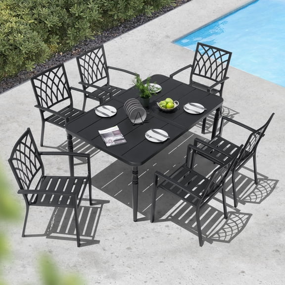 Nuu Garden 7-Piece Outdoor Metal Dining Set, Well-Ventilated Patio Furniture Set Includes 61” x 37” Table and 6 Stackable Chairs with Lattice Pattern, with Umbrella Hole, Black