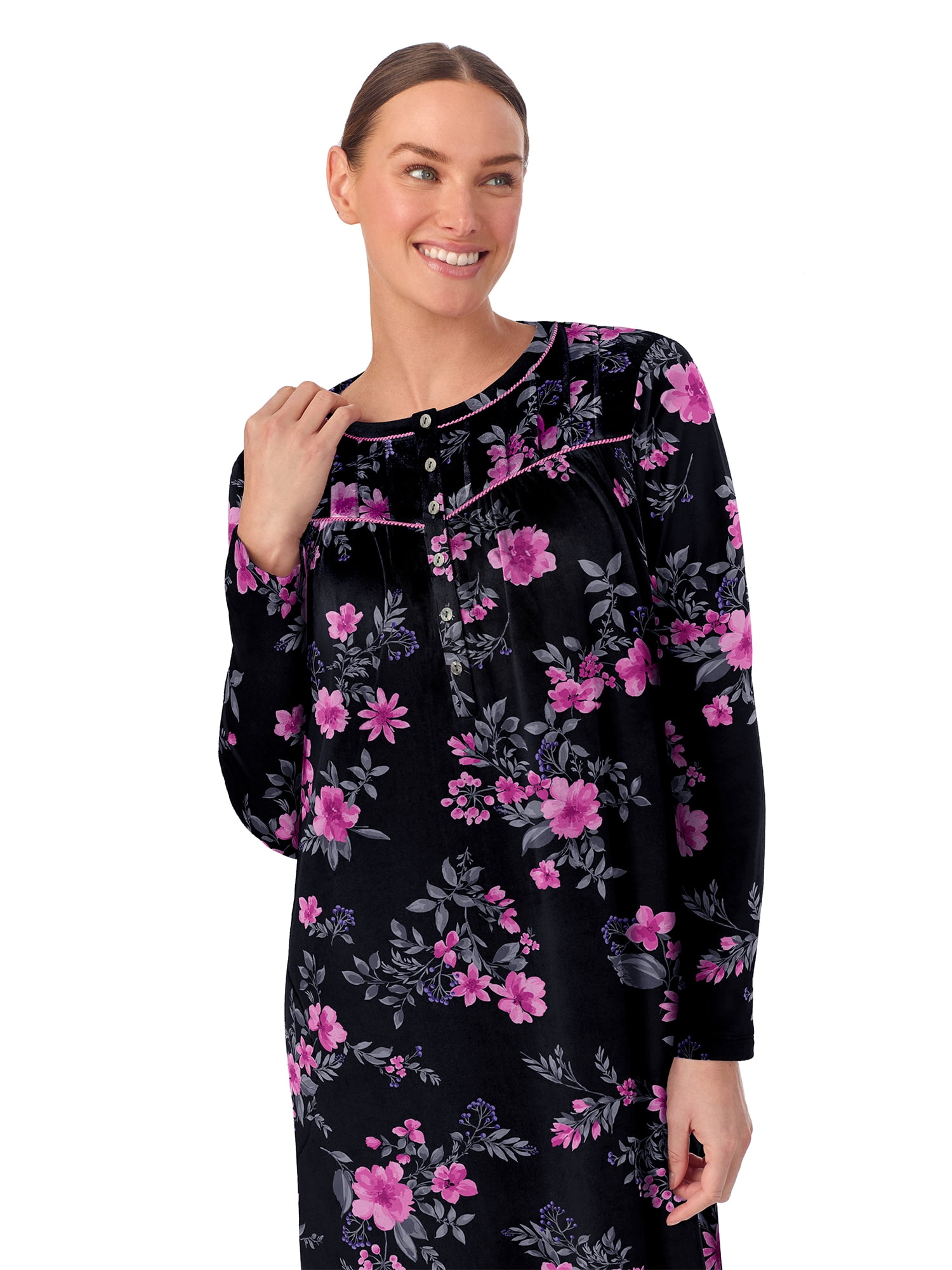 Aria Women’s Long Sleeve Strech Velour 44" Sleepwear Gown with Braided Trim, Sizes XS-5X