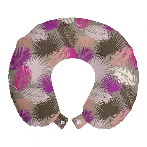 Tropical Travel Pillow Neck Rest, Colorful Bohemian Illustration of Fan or Palm Leaves Jungle Foliage, Memory Foam Traveling Accessory Airplane and Car, 12", Dark Tan and Multicolor, by Ambesonne