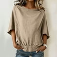 thumbnail image 2 of Camisas de Manga Larga para las Mujeres Suelto Ajuste Plisado Lino Cuello en V Cuarto Superior Manga de Moda de Color Sólido Blusa, 2 of 9
