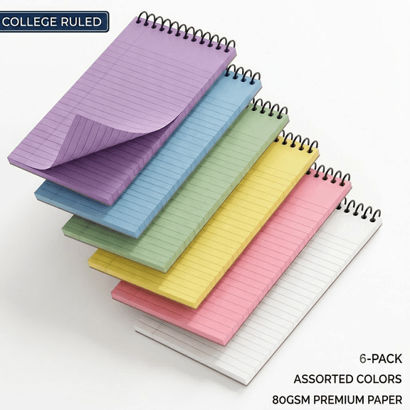 6-Pack Top Spiral Notebooks, 5" x 8" College Ruled Steno Pads, 80GSM Thick Paper with Perforated Edges, 70 Sheets, Assorted Colors