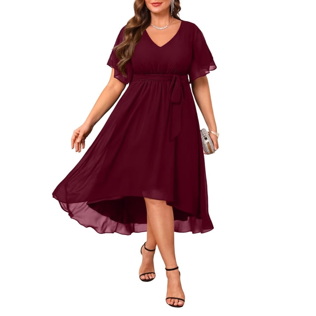Vestido Talisea burdeos de chifón alto y bajo para mujer, talla grande