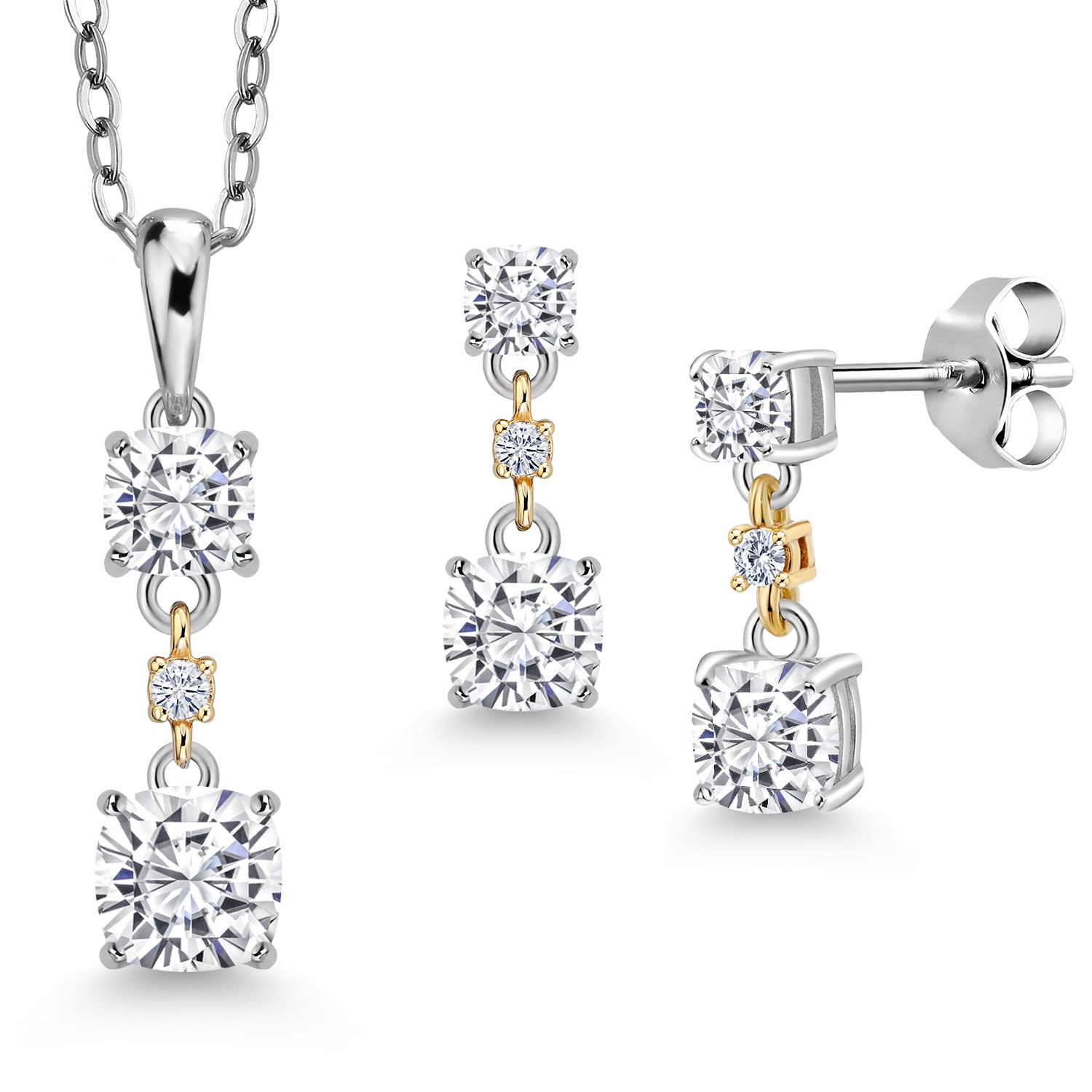 Gem Stone King 925 Sterling Silver and 10k Yellow Gold White Moissanite Pendant and Earrings Jewelry Set for Women (1.85 Cttw, Cushion 5MM, 4MM, 3MM, with 18 inch Chain)