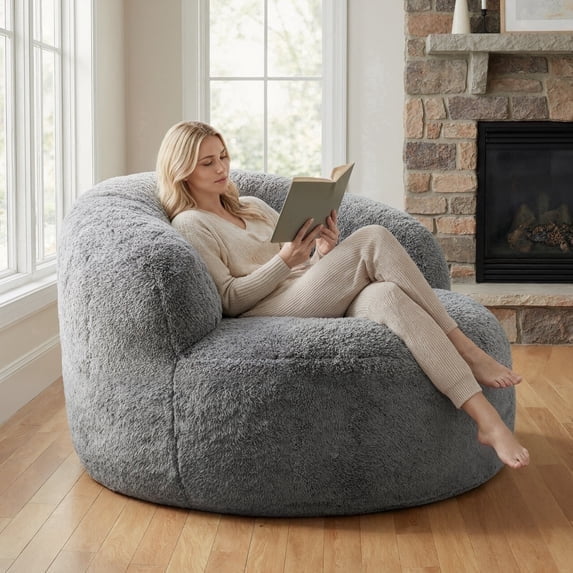 Fulsmile 4Ft Bean Bag Chair for Adults, Large Lazy Sofa with Stuffed Memory Foam, Comfy Backrest Chair for Reading Gaming Relaxing, Plush Gray