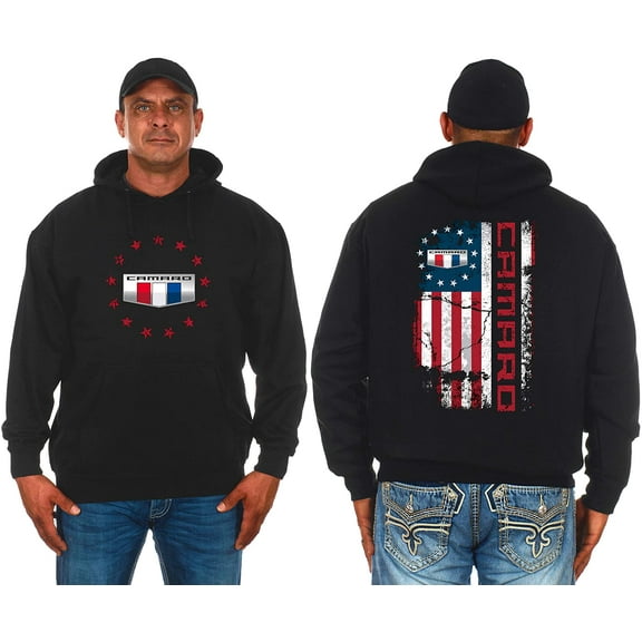 JH Design Men's Chevy Camaro Distressed U.S. Flag 2-Sided Pullover Hoodie