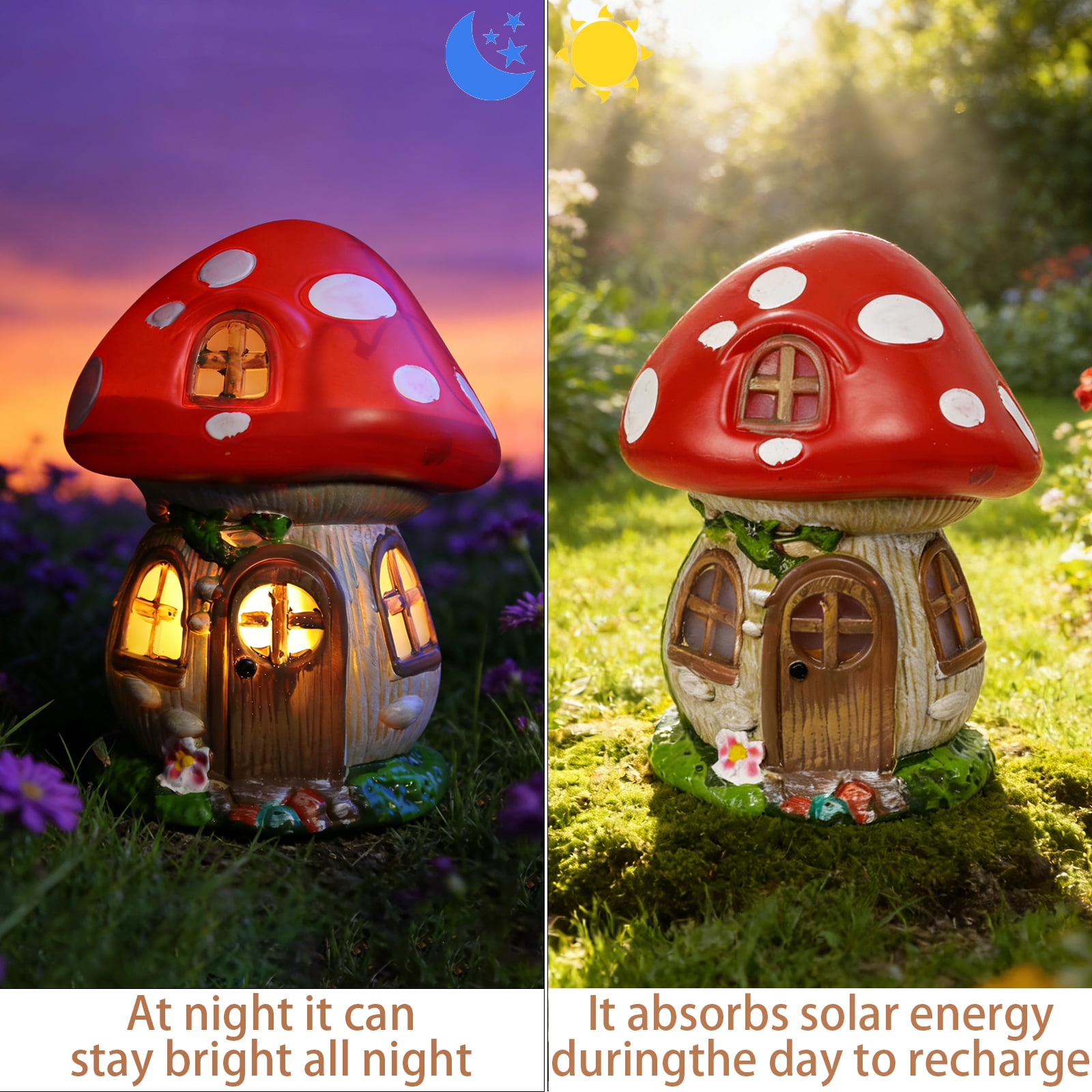 Outdoor Statue,Solar Mushroom Fairy House Garden Statue with LED Lights, Whimsical Outdoor Decorative Statue for Patio, Yard, Lawn,Garden Decoration
