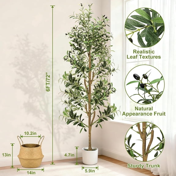 Faux Olive Tree 6FT - Indoor Tall Artificial Olive Trees with Planter & Basket and Lights, Artificial Plants with Natural Wood Trunk and Realistic Fruits for Home Living Room Office Decor