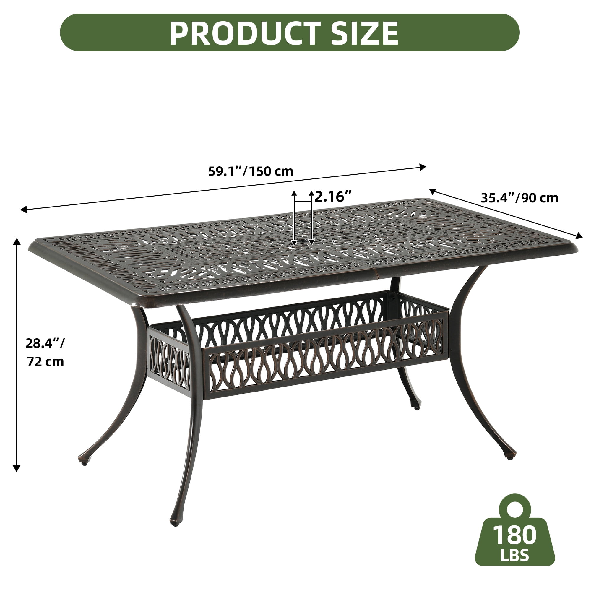 Uforic 6-Person Outdoor Rectangular Cast Aluminum Dining Table with Umbrella Hole, All-Weather Resistance, Black