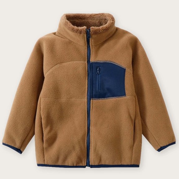 LOINRODI Girls Color Block Zip Up Fleece Jacket Stand Collar Pocket Warm Zip Up Breathable Outerwear for Kids Brown 6-7 Years