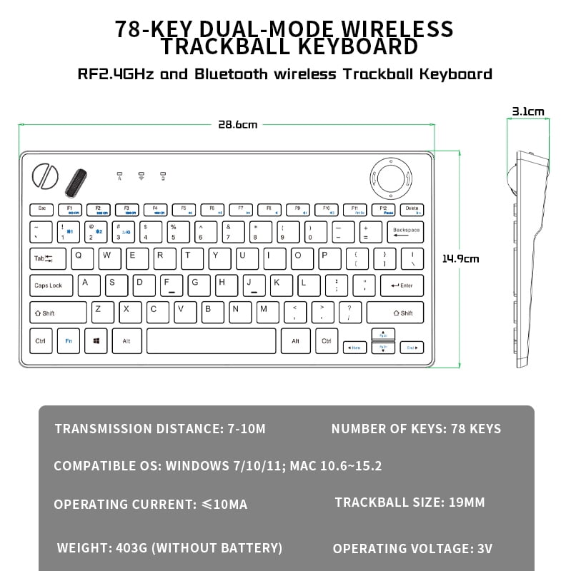 JOMAA Bluetooth Wireless Keyboard with Trackball Air Mouse, Brown for Windows Mac iOS Android Computer Tablet Desktop