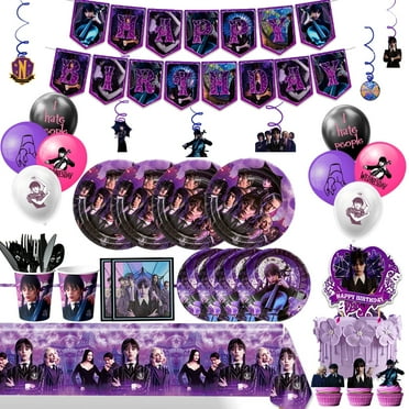 Wednesday Birthday Decorations,117pcs Wednesday Party Decorations & Tableware Set - Wednesday Plates Napkins Cups Balloons Hanging Swirls and Wednesday Theme Tablecloth etc Wednesday Party Supplies