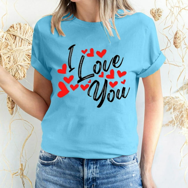 Pisexur Valentines Day T-shirt Top T-shirt à Manches Courtes Imprimé Amour de la Saint-Valentin pour Femmes, Col Rond