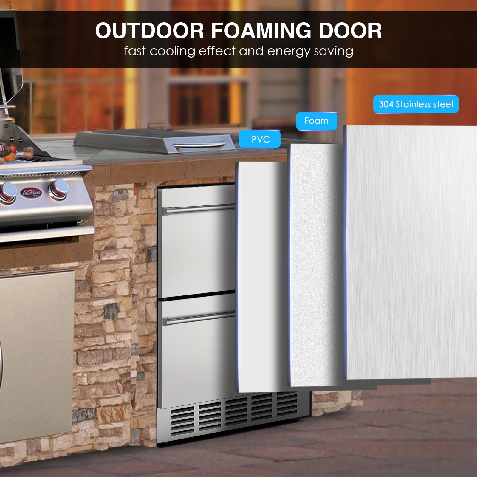 24 Inch Under Counter Double Drawer Fridge, Weather Proof Stainless Steel Under Counter Beverage and Wine Fridge with Digital Display