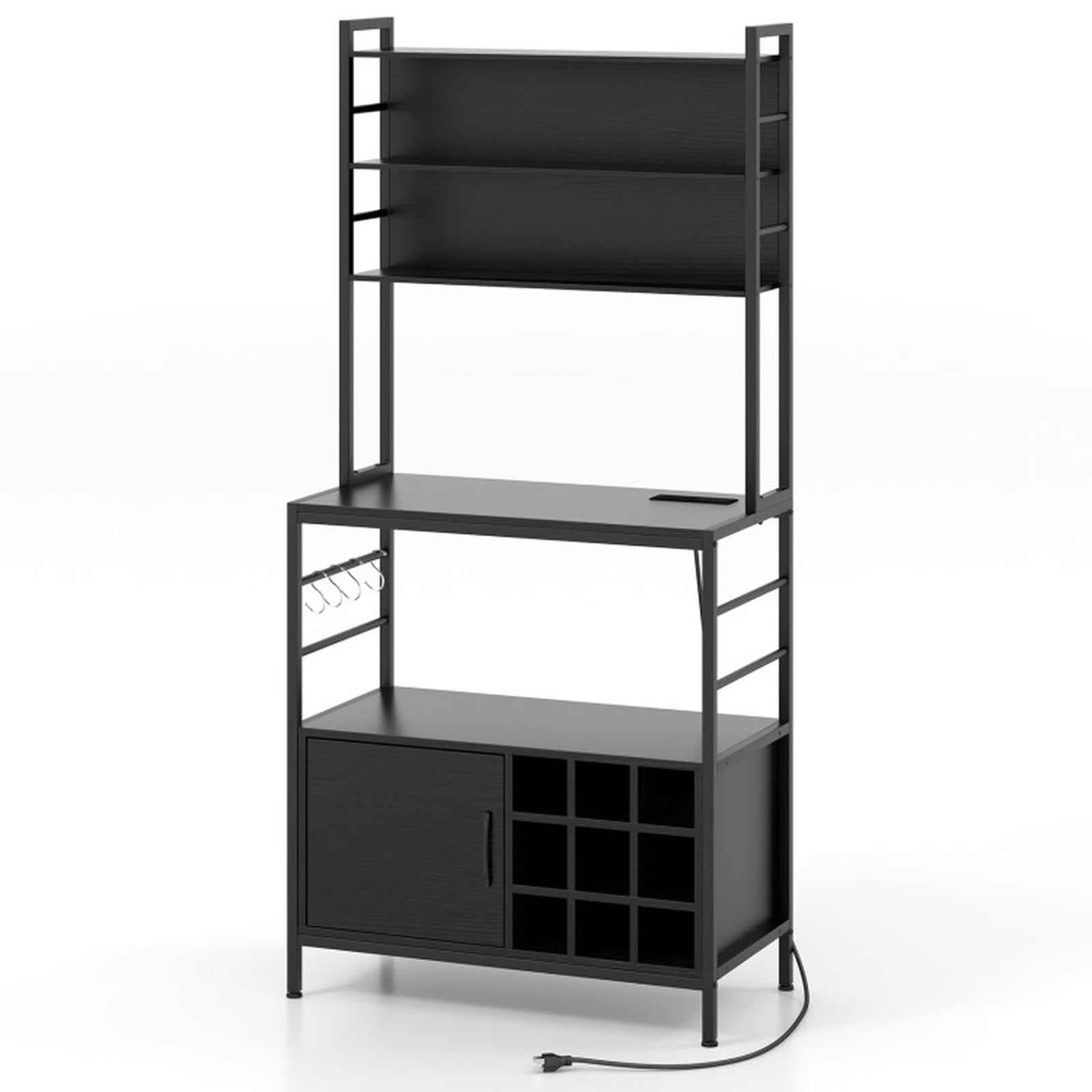 RUIE Coffee Bar Cabinet with Wine Bottle Holders and S-Hooks, Kitchen Baker's Rack Buffet Sideboard with ETL Power Outlet and Anti-Tipping Kit, Black