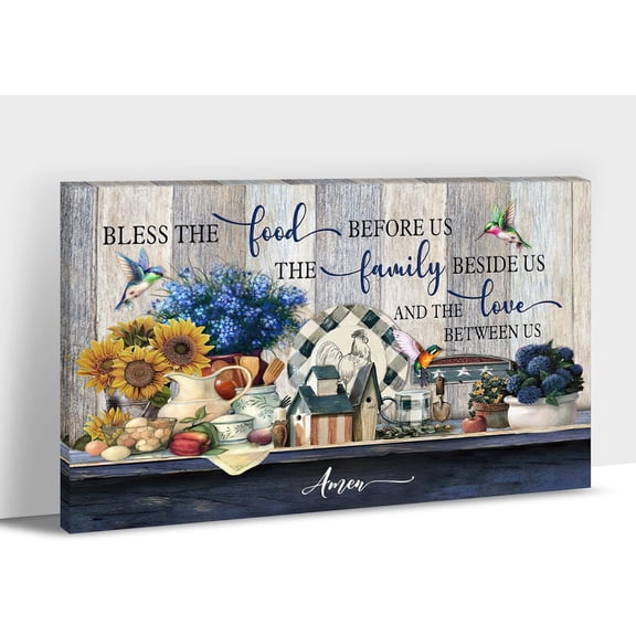 Rustic Kitchen Wall Decor, Farmhouse Kitchen Canvas Wall Art, Vintage Kitchen Theme Bird Flower Picture Prints Wall Decor, Framed Blessed Painting for Dining Room Home Decoration Artwork 12x18 Inches