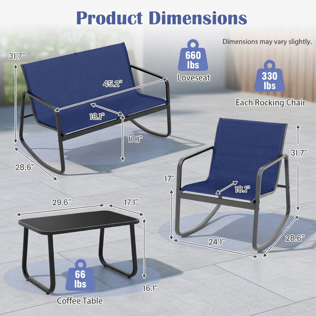Hommoo 4-Piece Outdoor Rocking Patio Set with Tempered Glass Coffee Table, Metal Frame, Weather-Resistant Fabric, Adjustable Feet & Non-Slip Stability, Brown