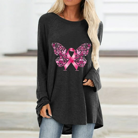 Jsaierl Womens Breast Cancer Shirts Pink Ribbon Graphic Tees Teen Girls Long Sleeve Tops Cute Breast Cancer Survivor Gifts T-shirts