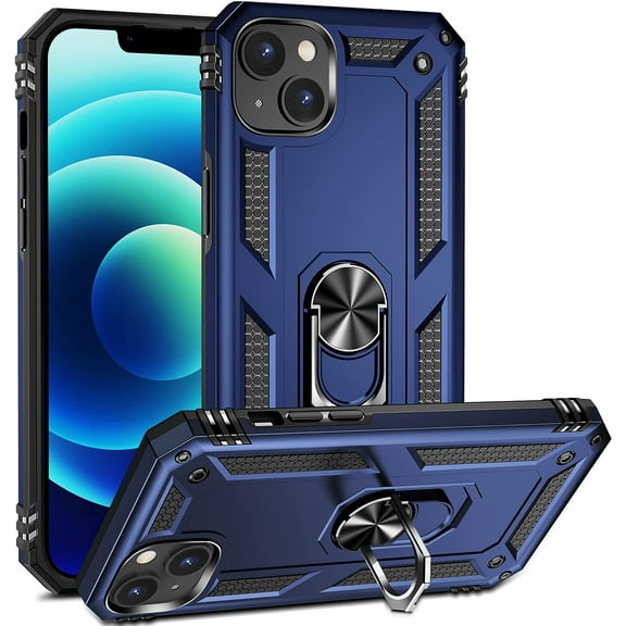 Military Grade Drop Impact for iPhone 14 Case 360 Metal Rotating Ring Kickstand Holder Armor Heavy Duty Shockproof Case for iPhone 14 Phone Case (Blue)