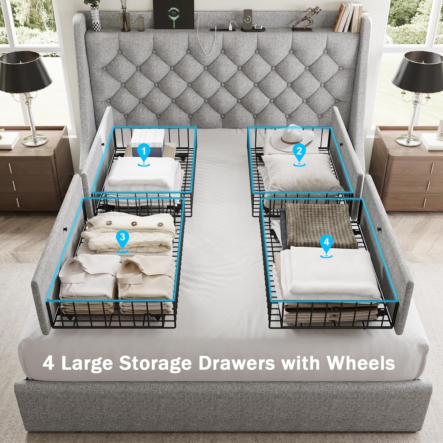 Galnfu Queen Bed Frame with 4 Storage Drawers, Giant Upholstered Wingback Headboard, Fast Charging Station, No Box Spring Needed, Noise-Free,Light Gray