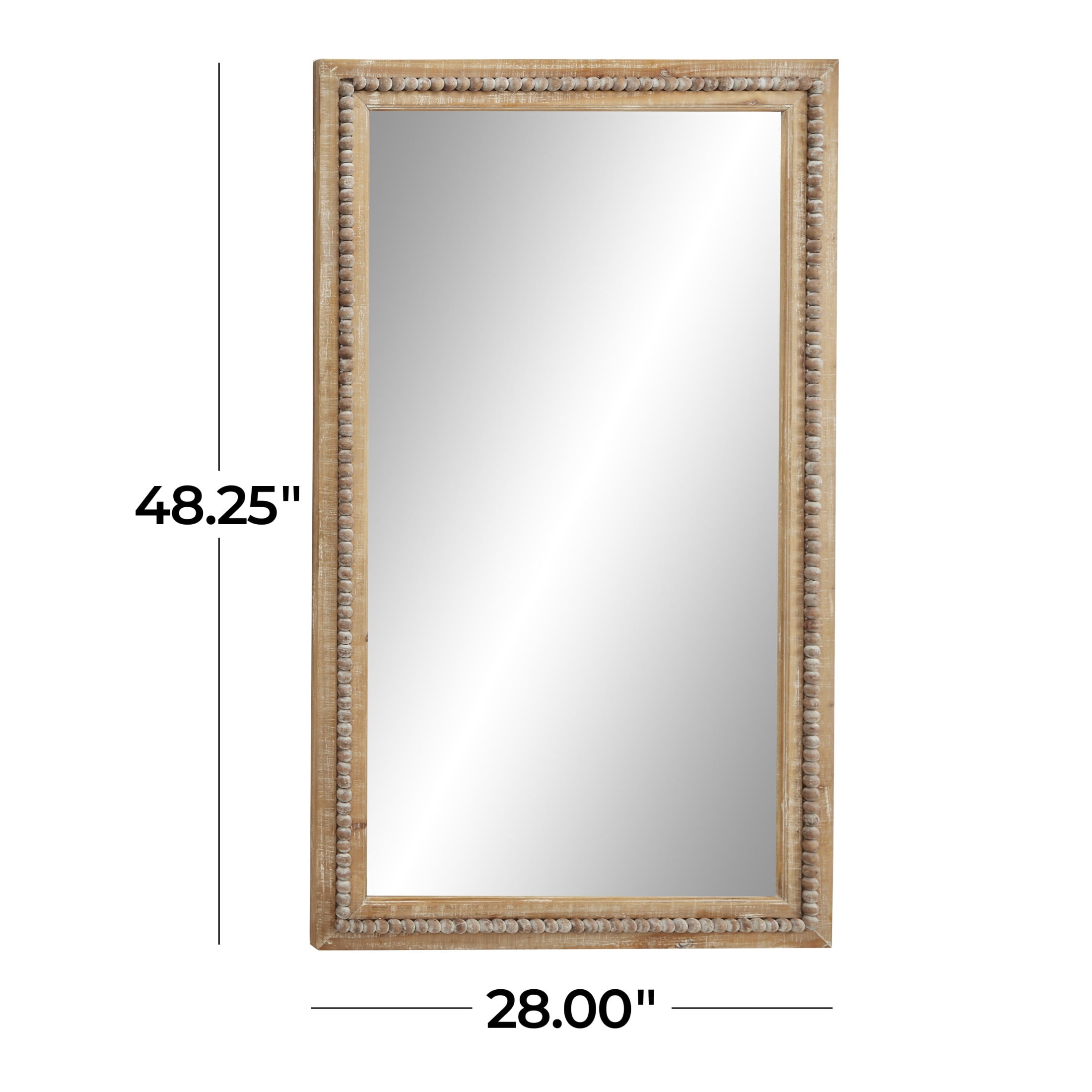 DecMode Brown Bohemian Wood Rectangular Wall Mirror, 28"W x 48"H with Carved Beads Detail