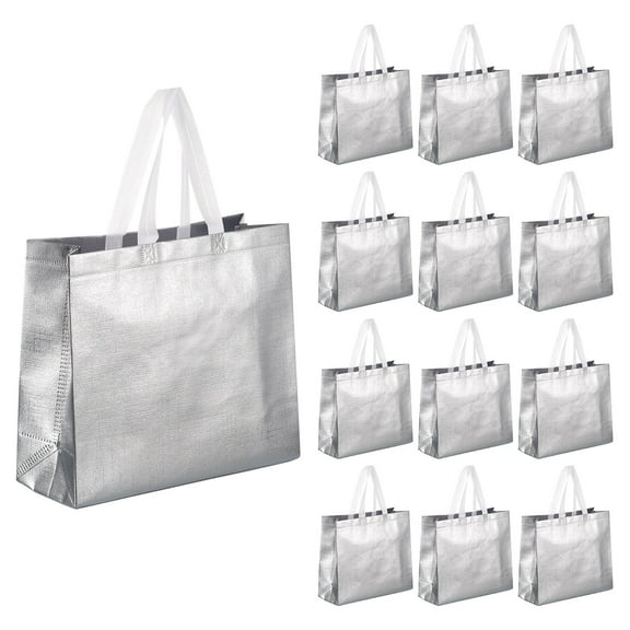 Uxcell Reusable Gift Bags, Silver Tone Tote Glossy Grocery Shopping Bag with Handles for Wedding Pack of 60