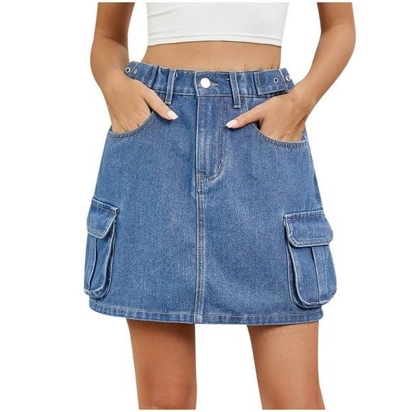 Cameland Women's Cowboy Cargo Skirt Fashion Solid Color Elastic Waist Skirt Casual High Waist Multi-pocket Jeans Mini Skirt
