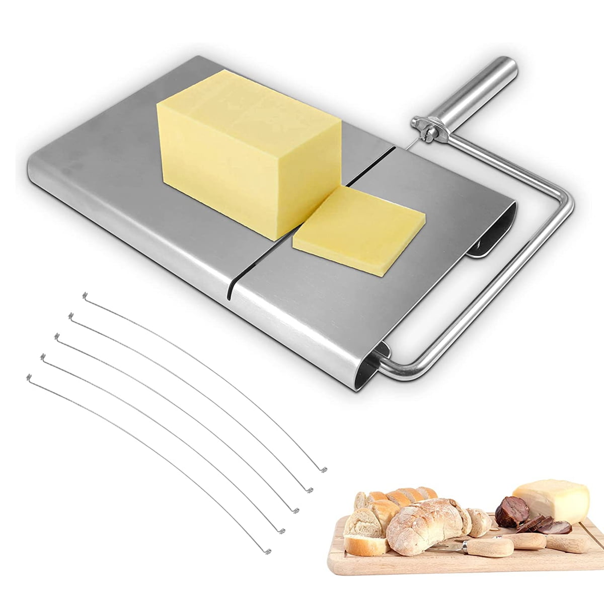 Equipped with 5Replaceable Cheese Slicer Wires Stainless Steel Modern Cheese Slicer Stainless Steel Cheese Cutter,Wire Cheese Slicer for Cheese Butter 