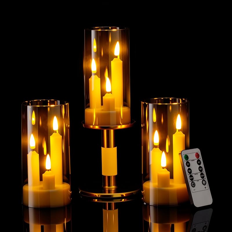 Hausware 3-in-1 Flameless LED Taper Candles with Remote – Battery Operated, Realistic & Portable Candles Set,3-Pack,Durable Indoor/Outdoor Decor (Gray)