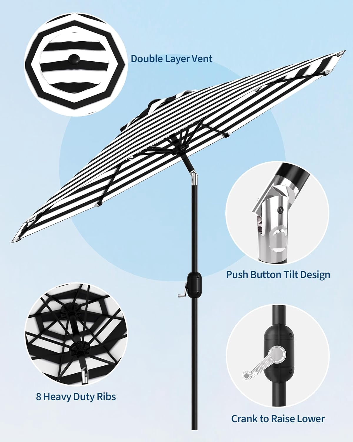 Memoryfield 9FT Outdoor Patio Umbrella with 8 Ribs, Push Button Tilt & Crank, Striped Market Umbrella, UV Protection Waterproof for Pool, Deck, Garden, Black & White