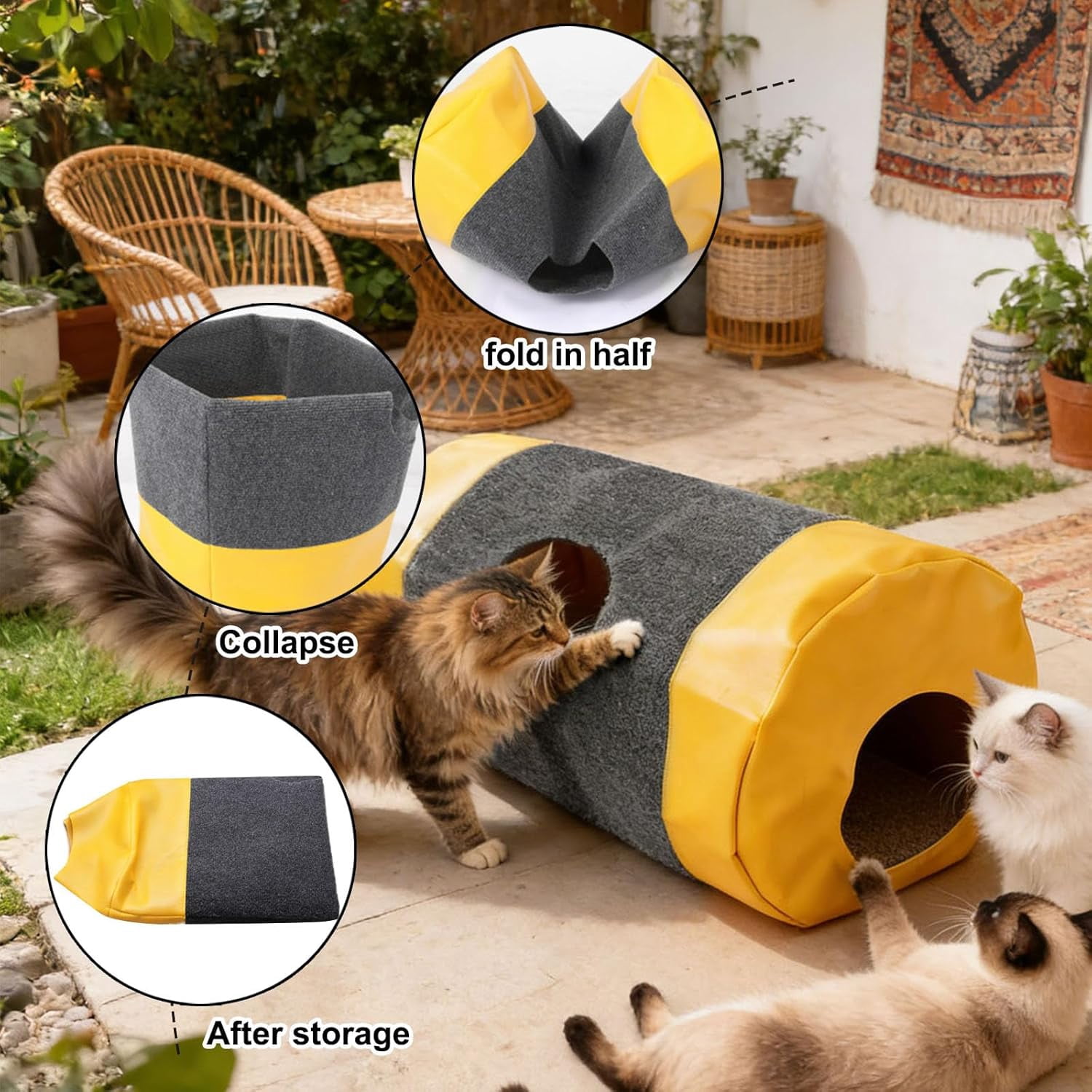Foldable Cat Tunnel Bag, Interactive Pet Play Mat & Activity Center, Polyester & Leather Fabric Cat Toy with Storage for Indoor Cats (Yellow)