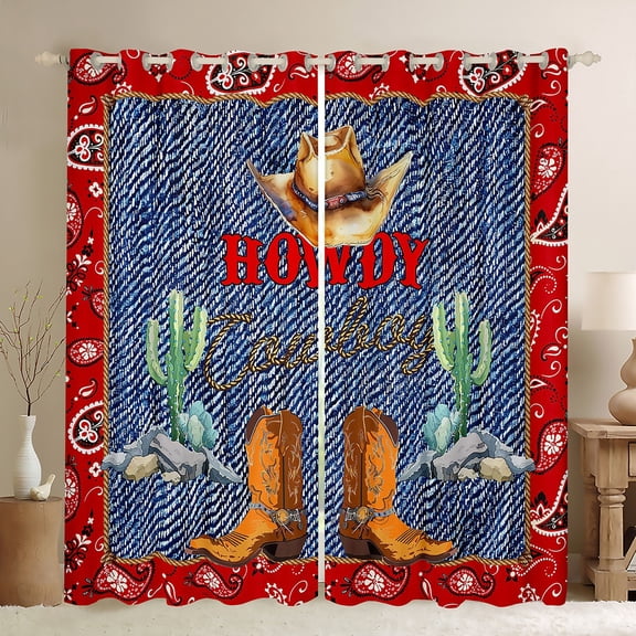 Homewish Cowboy Boots Black Out Curtains for Teens,Vintage Western Theme Curtains Pack of 2 (42x63 Each),Bohemian Paisley Bedroom Curtains,Ultra Soft Home Decor