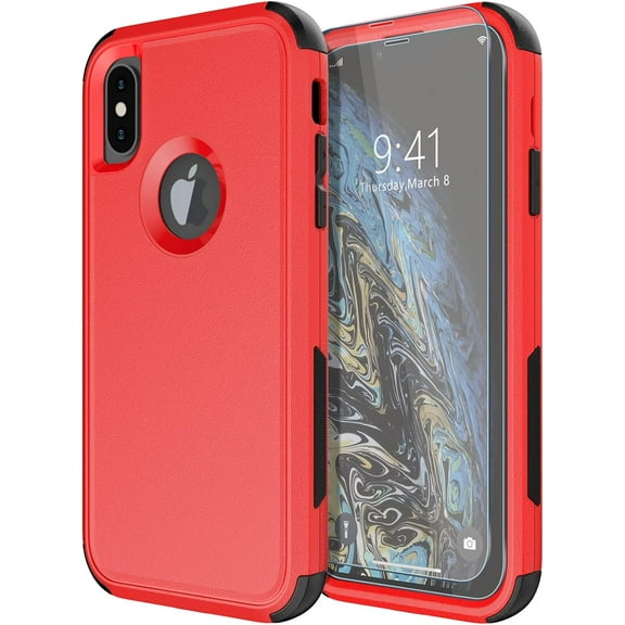 for iPhone X Case/iPhone Xs Case [Shockproof] [Dropproof] [Tempered Glass Screen Protector ] Heavy Duty Protection Phone Case Cover for Apple iPhone X/XS (Red)