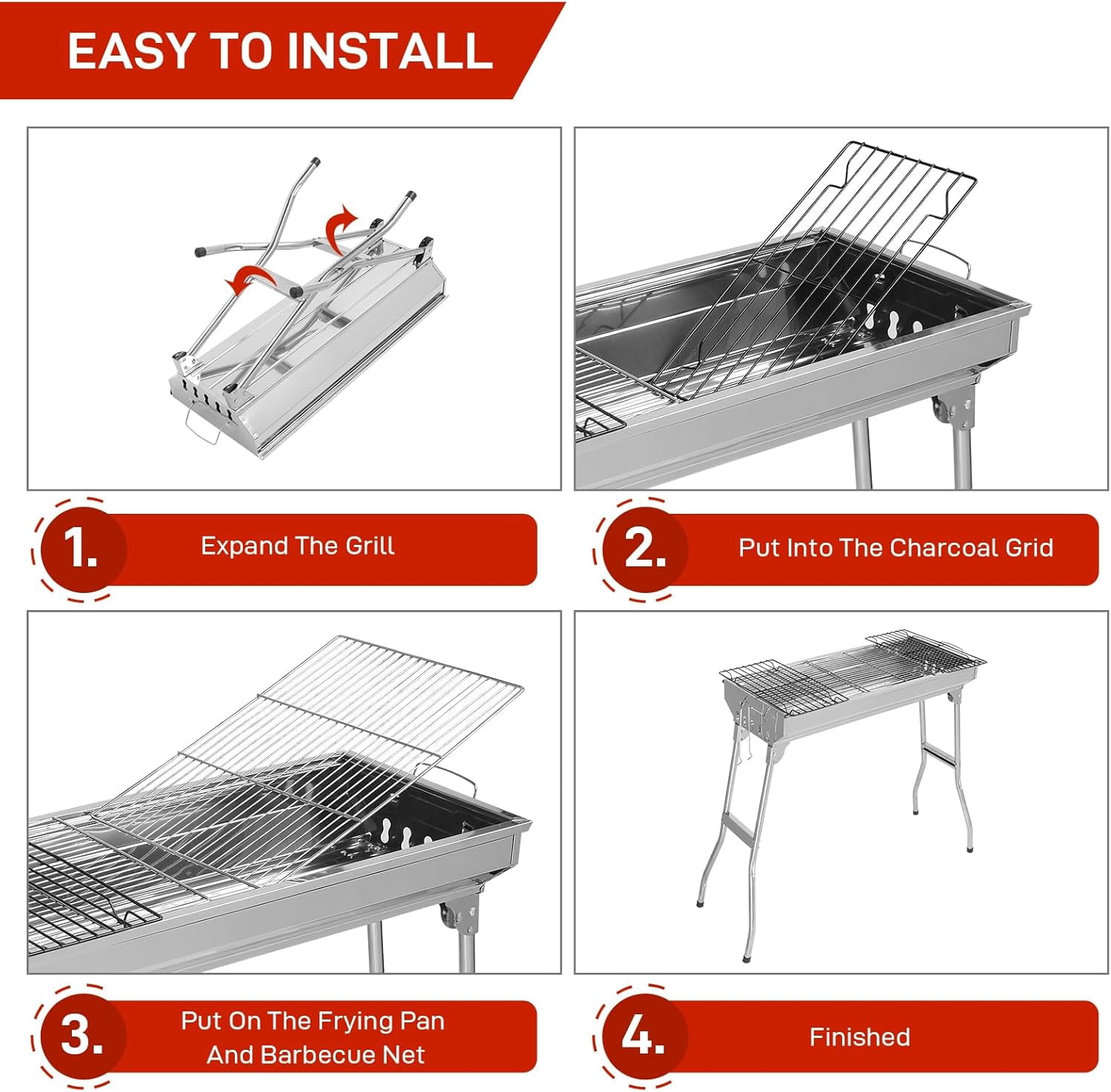 CHTER Portable Charcoal Grill, 28x 13 x 27" Foldable Barbecue Grill, Stainless Steel BBQ Grill for Outdoor Cooking Camping Hiking Picnic Garden Beach Party