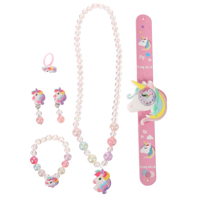 ColoMX 1 Juego de recuerdos de fiesta de unicornio, collar de unicornio, pulsera, anillo, pendientes, reloj de pulsera de unicornio para niñas pequeñas