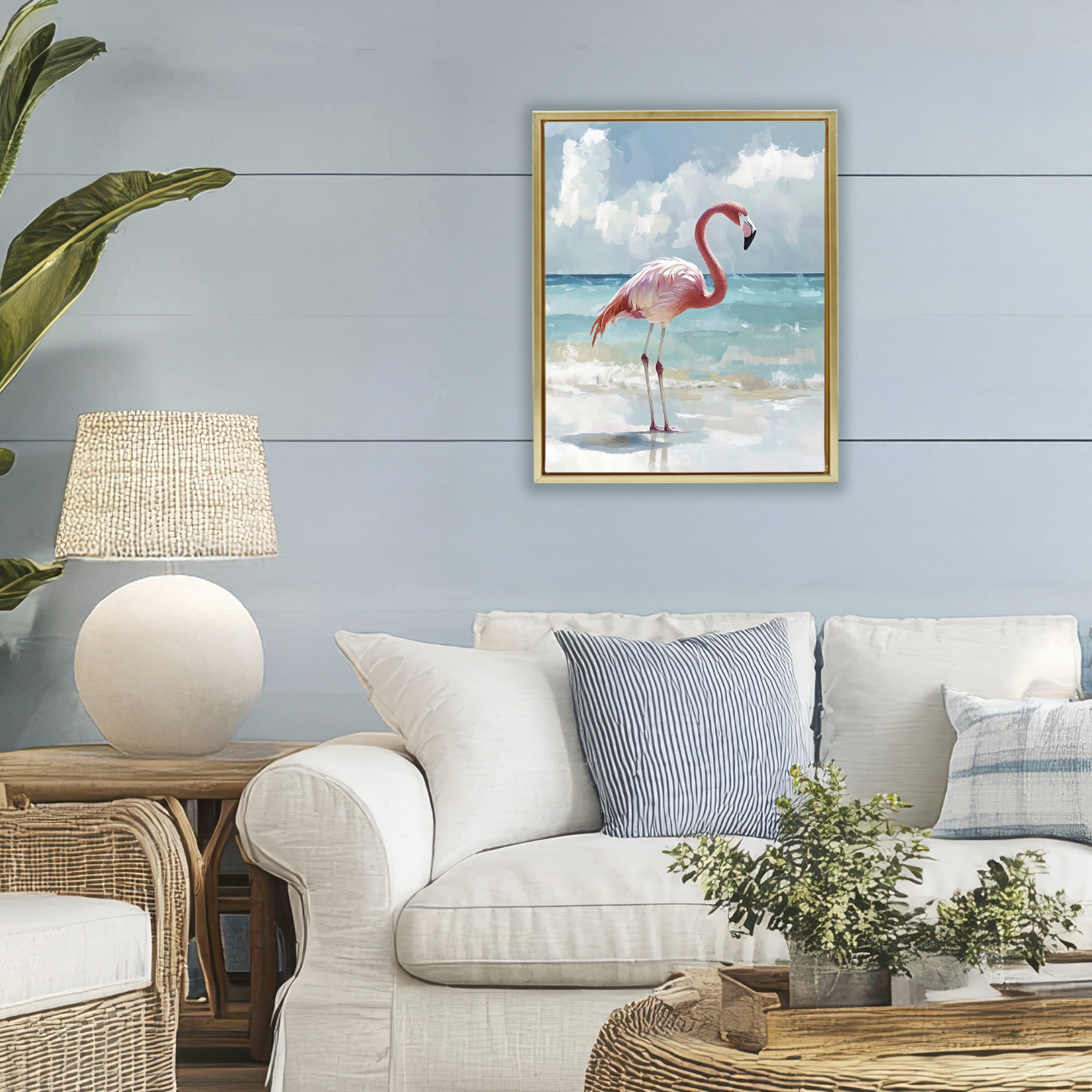 Stupell Industries Flamingo At Shore Gold Framed Floater Canvas Wall Art, design by The Prints Vibe
