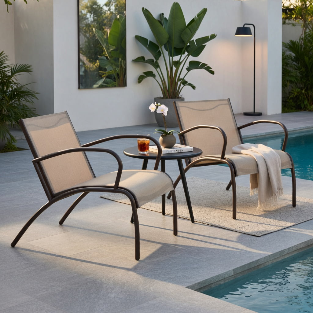 Hommoo 3-Piece Outdoor Patio Set, 2 Wide-Arm Aluminum Metal Chairs + Coffee Table, Brown
