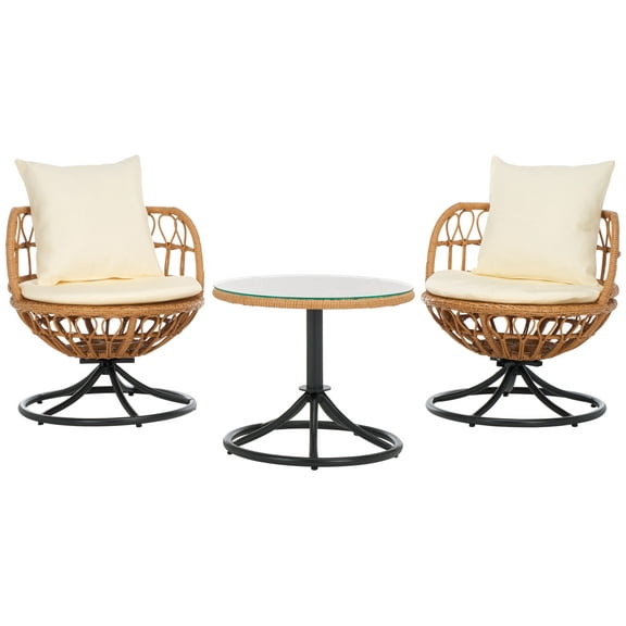 SAFAVIEH Colby 3-Piece Rattan Outdoor Conversation Set, Natural/Beige