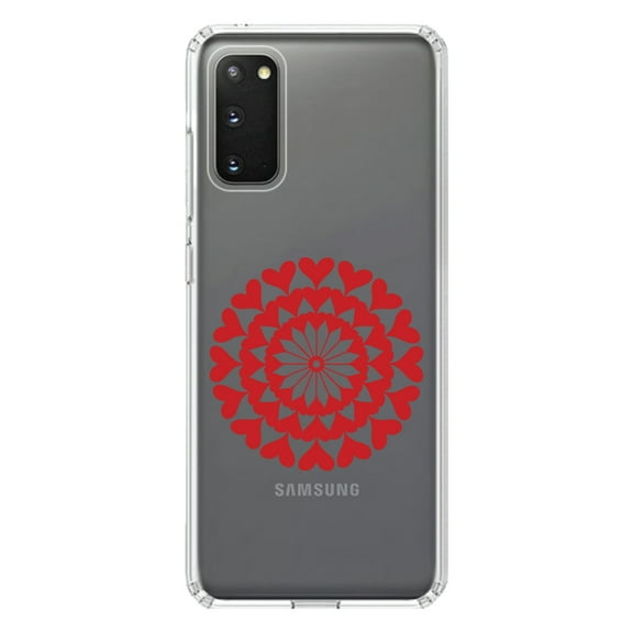 DistinctInk Clear Shockproof Hybrid Case for Galaxy S20 PLUS / 5G (6.7" Screen) - TPU Bumper Acrylic Back Tempered Glass Screen Protector - Red Hearts Mandala