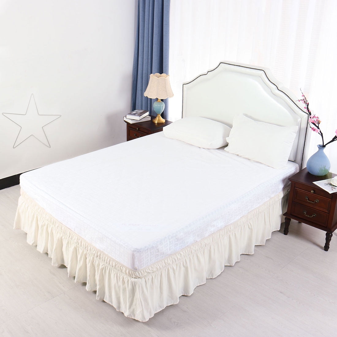 Unique Bargains Polyester Elastic Dust Ruffled Bed Skirt with 15" Drop Queen Beige