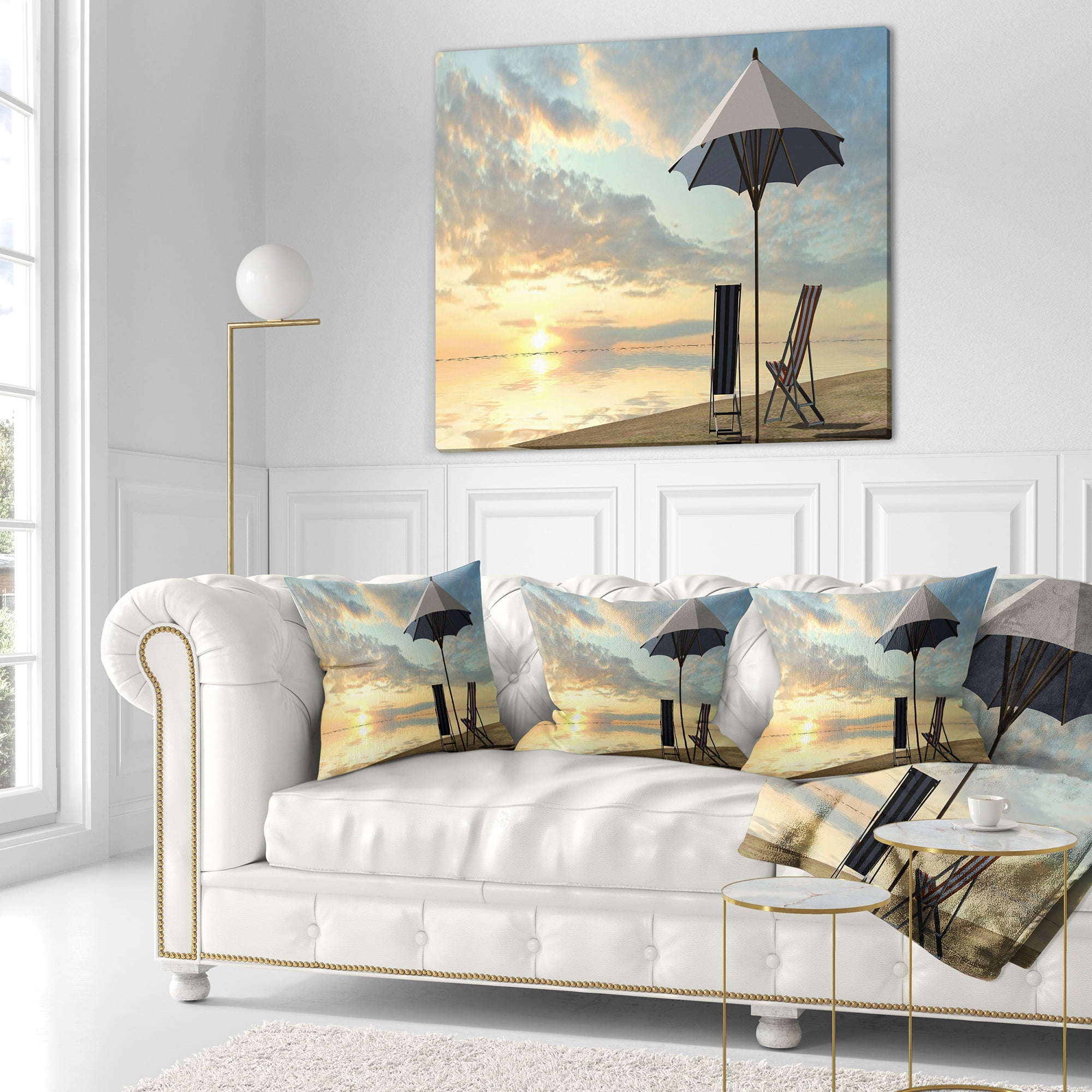 Designart Deck Chairs and Umbrella on Beach - Modern Seascape Throw Pillow - 16x16
